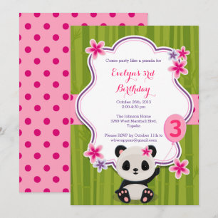 Panda Födelsedagsfest inbjudan - Rosa och Lila