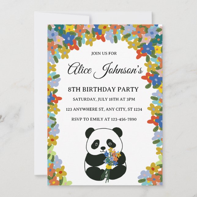 Panda födelsedagsinbjudan, Blomma Panda födelsedag Inbjudningar (Framsida)