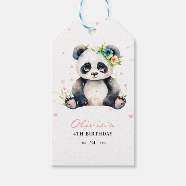Panda födelsedagsinbjudan, Panda flicka födelsedag Presentetikett (Framsidan)