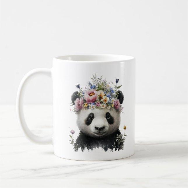 Panda för Blommigt av färgen Cute Watercolor Kaffemugg (Vänster)