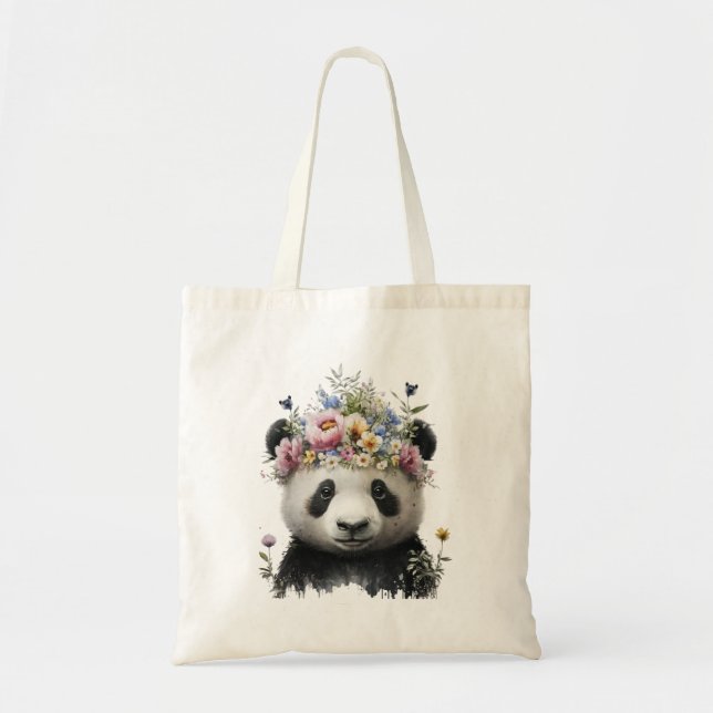 Panda för Blommigt av färgen Cute Watercolor Tygkasse (Framsidan)
