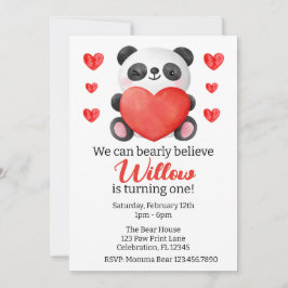 Panda Girl with Hearts Valentine First Birthday Inbjudningar