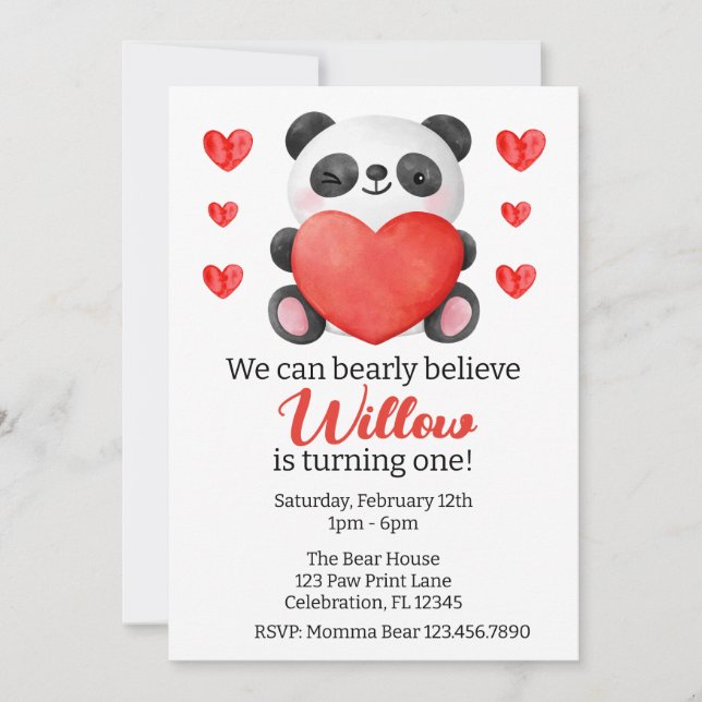 Panda Girl with Hearts Valentine First Birthday Inbjudningar (Framsida)