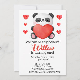Panda Girl with Hearts Valentine First Birthday Inbjudningar