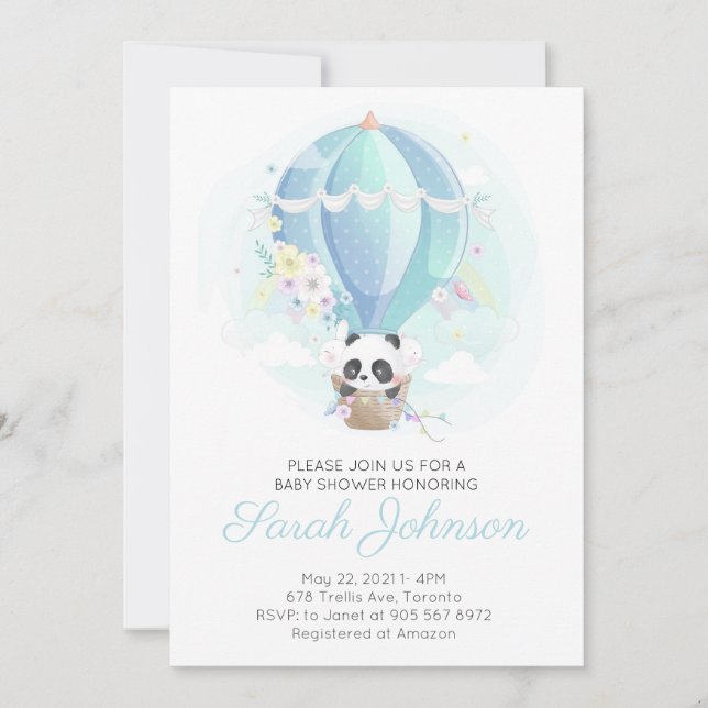Panda i Luftballong Baby Shower Inbjudningar (Framsida)