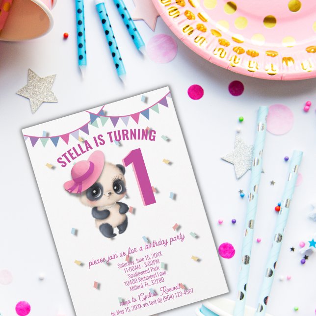Panda i Rosa Hat - Personlig Birthday Inbjudan (Skapare uppladdad)