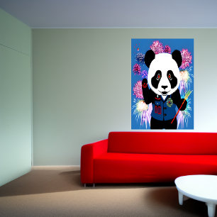 Panda i uniform och fyrverkeri AI Art Poster