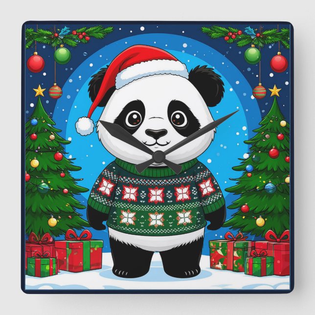 🐼 Panda Julstuga Hemma Stil 🎄 Fyrkantig Klocka (Framsida)
