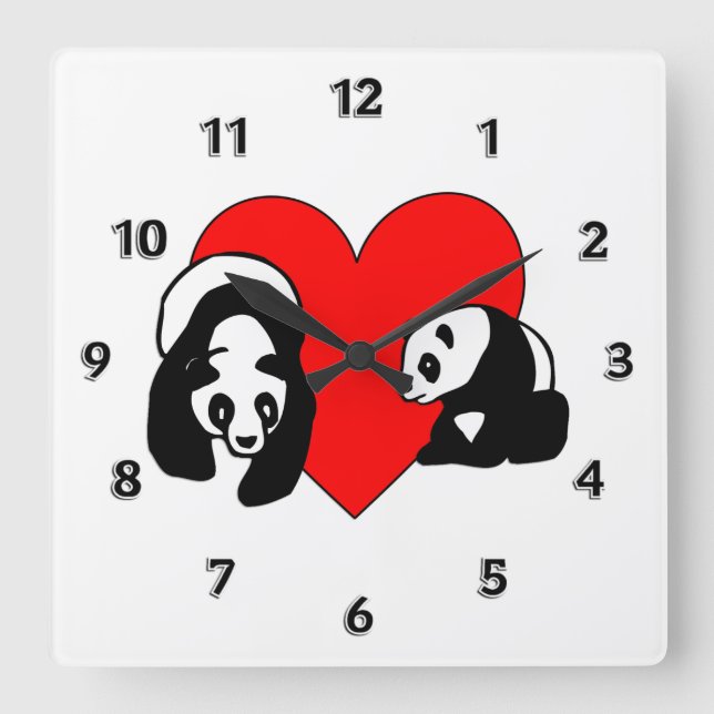 Panda Kärlek Fyrkantig Klocka (Framsida)