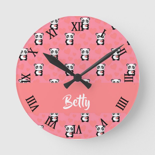 Panda kärlek rosa mönster rund klocka (Framsida)