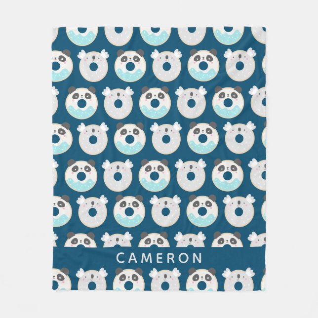 Panda Koala Kawaii Donuts Blue Personlig Namn Fleecefilt (Framsidan)