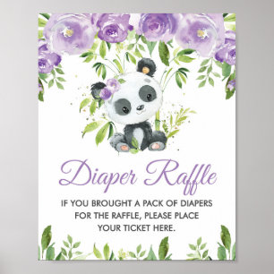 Panda Lila Blommigt Greenery Bamboo Diaper Raffle Poster