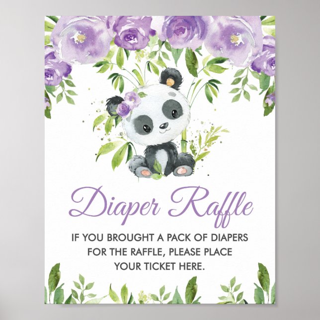Panda Lila Blommigt Greenery Bamboo Diaper Raffle Poster (Framsidan)