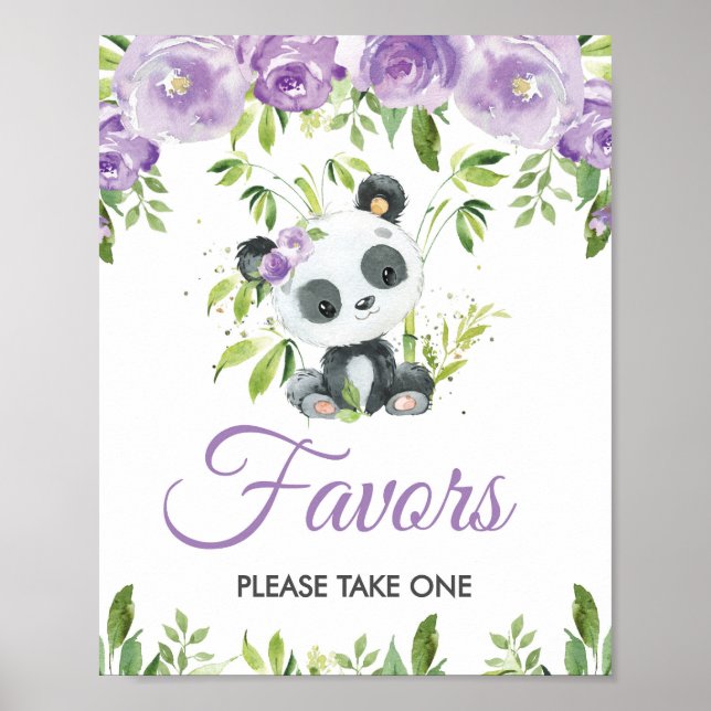 Panda Lila Blommigt Greenery Bamboo Favors-tecken Poster (Framsidan)