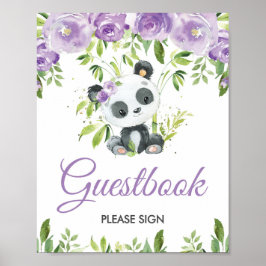 Panda Lila Blommigt Greenery Bamboo Guestbook-teck Poster