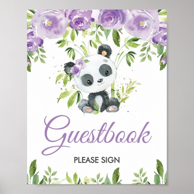 Panda Lila Blommigt Greenery Bamboo Guestbook-teck Poster (Framsidan)