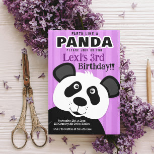 Panda Lila Girl Girl Party som en Panda Bear Birth Inbjudningar