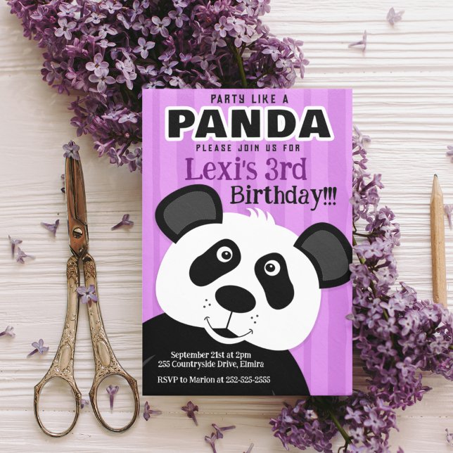 Panda Lila Girl Girl Party som en Panda Bear Birth Inbjudningar (Skapare uppladdad)