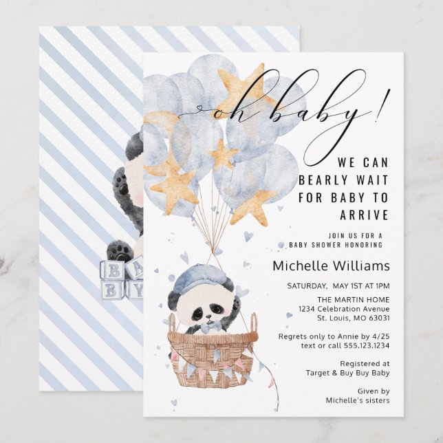 Panda Luftballong Baby Shower Inbjudningar (Fram/baksida)
