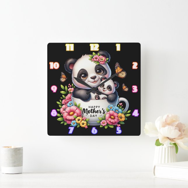 Panda Mamma: Unge, Flowers, Mors dag Fyrkantig Klocka (Hem)