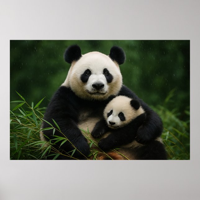 Panda mamma & unge i mild regn poster (Framsidan)
