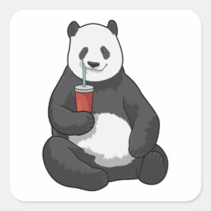 Panda med Drink Fyrkantigt Klistermärke