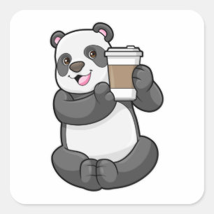 Panda med kaffe att åka till fyrkantigt klistermärke