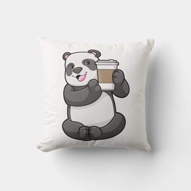 Panda med kaffe att åka till kudde (Framsida)