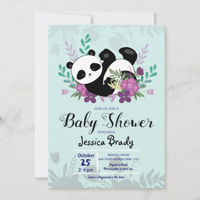 Panda med Lila blommor Baby Shower Inbjudningar (Framsida)