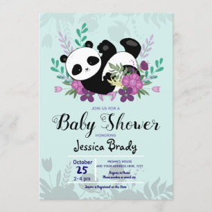 Panda med Lila blommor Baby Shower Inbjudningar