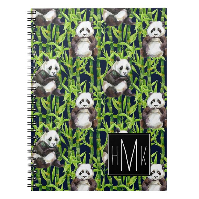 Panda med monogramen för bambuvattenfärgmönster | anteckningsbok med spiral (Framsidan)