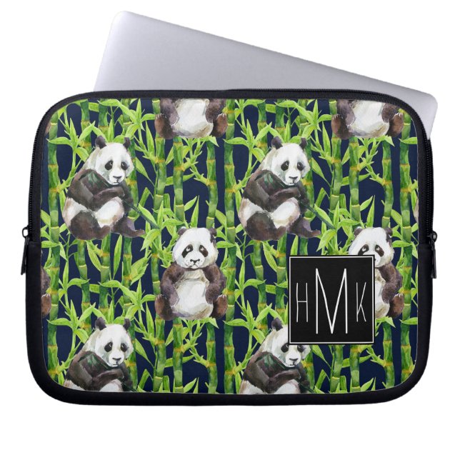 Panda med monogramen för bambuvattenfärgmönster | laptop sleeve (Framsidan)