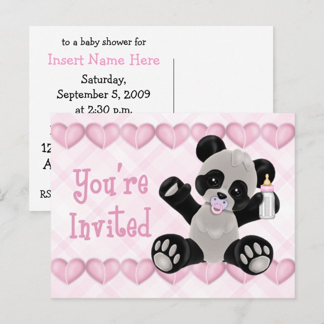 Panda med Nappar Rosa Baby Shower-inbjudan Inbjudan Vykort (Fram/baksida)