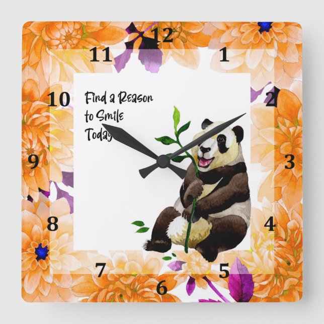 Panda med orange blomster ram fyrkantig klocka (Framsida)