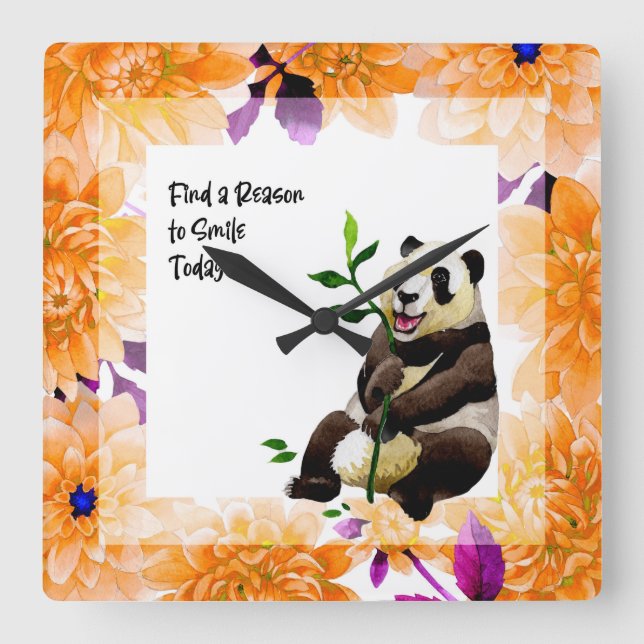 Panda med orange blomster ram fyrkantig klocka (Framsida)