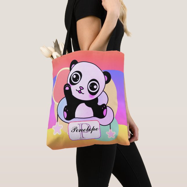 Panda med Rainbow Pastels på lilla molnet Tygkasse (Närbild)