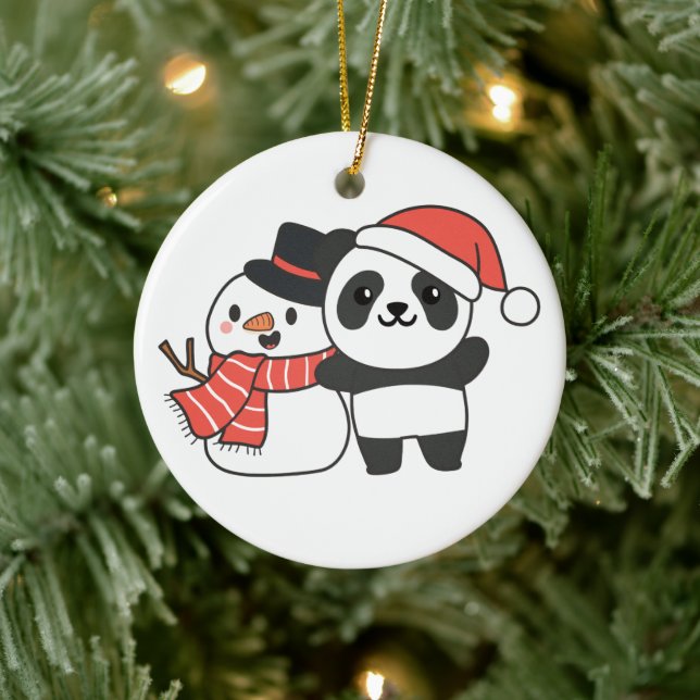 Panda med Snögubbe i vinter för julkeramik Julgransprydnad Keramik (Träd)