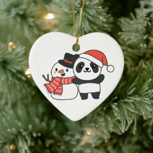 Panda med Snögubbe i vinter för julkeramik Julgransprydnad Keramik