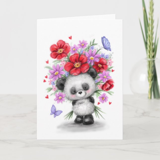 Panda med vackra blommor för en speciell vän kort (Framsida)