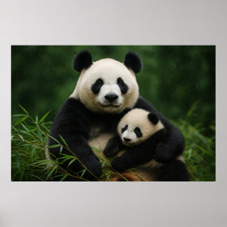 Panda Mother & Cub in Gentle Rain Poster