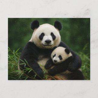 Panda Mother & Cub in Gentle Rain Vykort