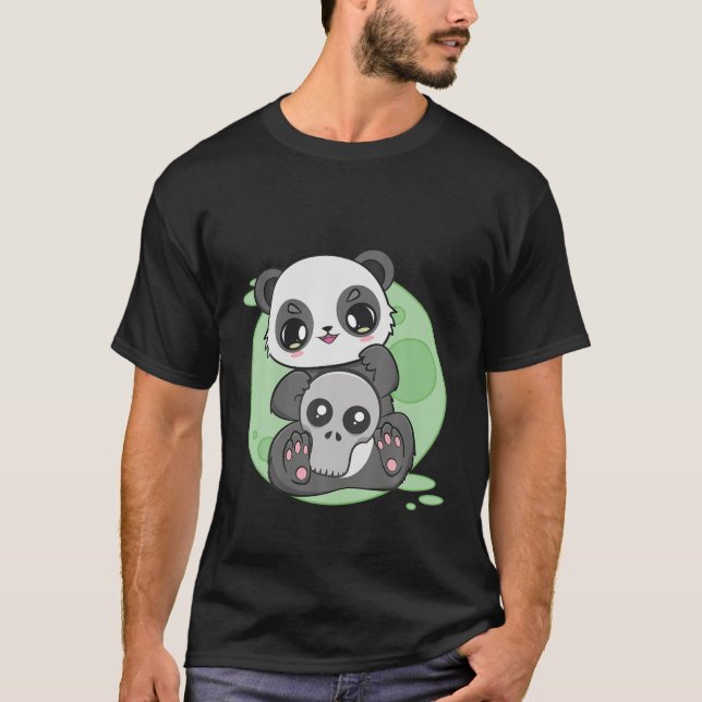 Panda och Döskallar samt Skeleton Anime Manga Måne T Shirt (Framsida)