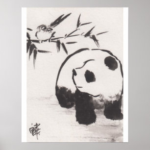 Panda och fågel 13090105 för Lin Lis konsttryck Poster