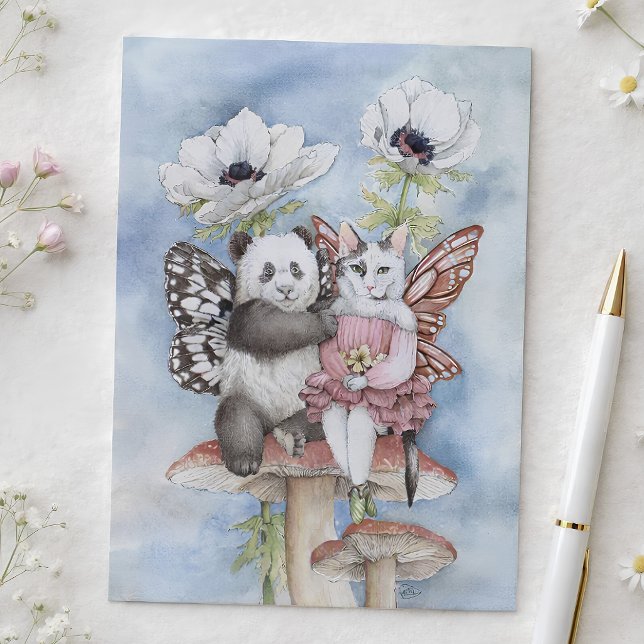 Panda och kattälvor vänner med anemonblommor vykort (Skapare uppladdad)