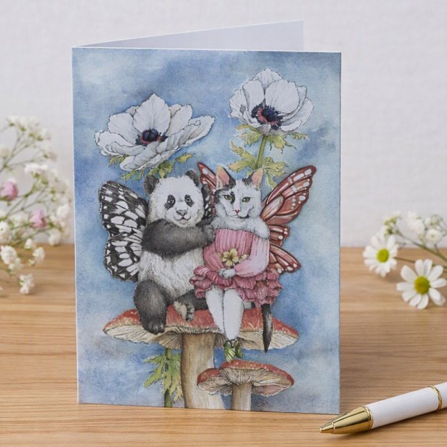 Panda och kattälvor vänner med anemoneblommor kort (Skapare uppladdad)