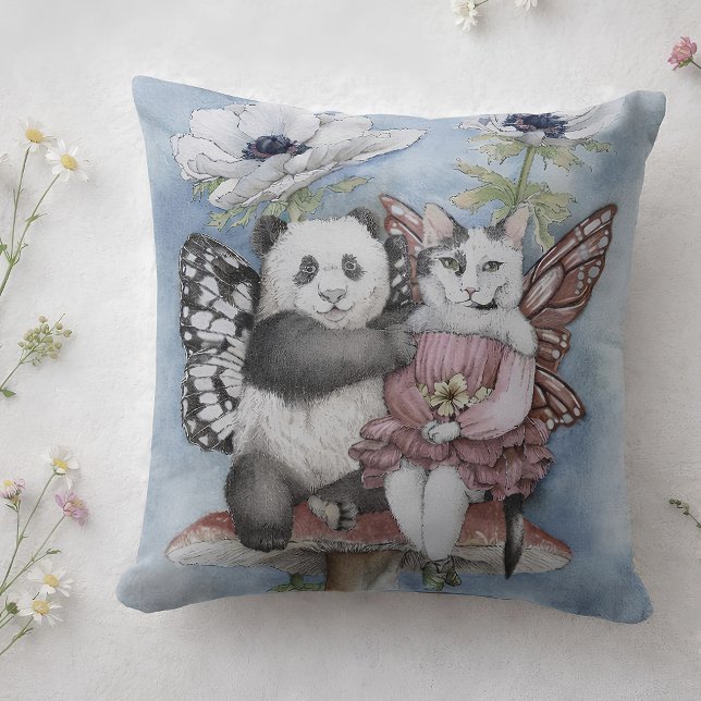 Panda och kattälvor vänner med anemoneblommor kudde (Skapare uppladdad)