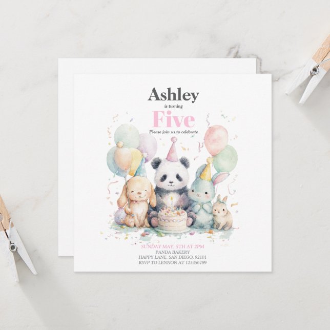 Panda och kompisars födelsedag och partiinbjudan (Fram/Back In Situ)