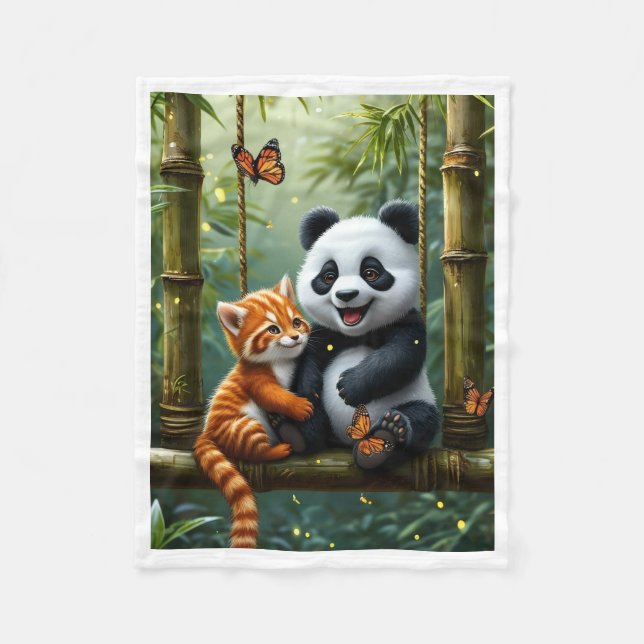 Panda och röda kattvänner i bambuskogsfilten fleecefilt (Framsidan)