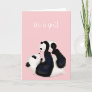 Panda och unge "Det är en flicka" nyfödd bebis kor Kort