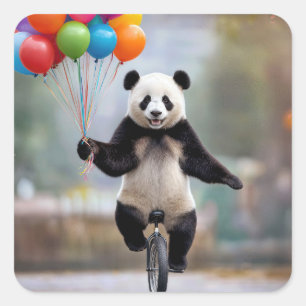 Panda på enhjuling med ballongbukett fyrkantigt klistermärke